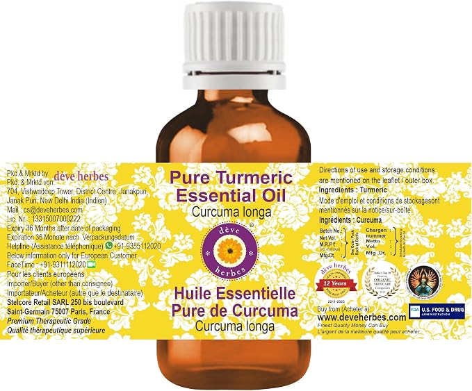 Deve Herbes Pure Turmeric Essential Oil (Curcuma Longa) Steam Distilled (Pack of Three) 100ml X 3 (10 oz)