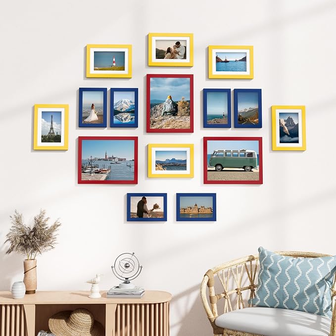 Vittanly 15 Pack Gallery Wall Frame Set, Red, Yellow, Blue | Picture Frames Collage Wall Decor: 3pcs 8x10, 6pcs 5x7, 6pcs 4x6. Picture Frame Set for Wall or Tabletop Display