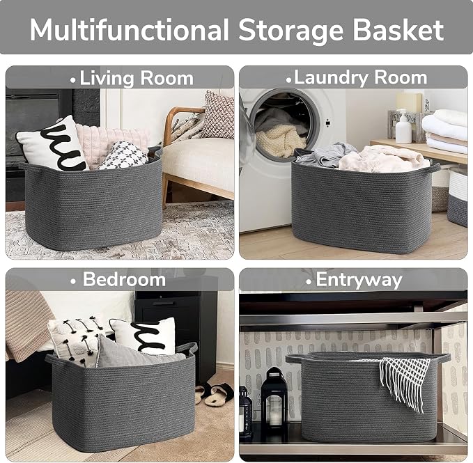 Goodpick 85L Large Woven Rope Blanket Basket, Rectangle, Dark Gray | 23.6'' x 15.7'' x 13.8'' Storage Basket for Blankets, Clothes, Toys & Pillows, Living Room, Bedroom & Nursery Organization