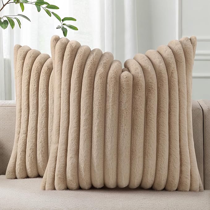 Pallene Faux Fur Decorative Throw Pillow Covers 16x16 Set of 2, Khaki | Luxury Plush Texture, Striped Design, Cozy Soft Touch, Modern Home Accent Decor for Couch, Sofa, Bed, Living Room
