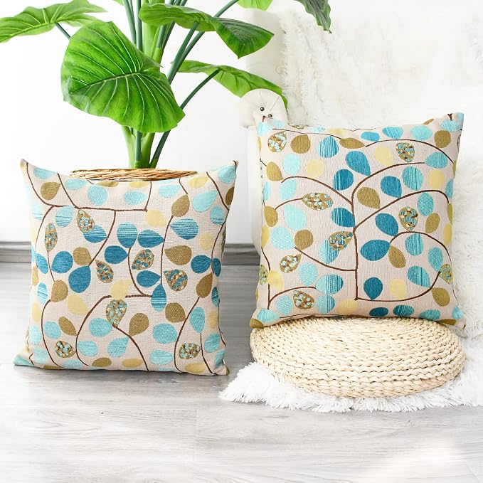 CaliTime Decorative Throw Pillow Covers 20 X 20 Inches Ecru Teal | Luxury Chenille Cute Leaves Cushion Case Shell for Couch Sofa Bed Living Room Home