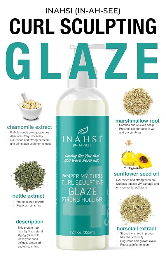 INAHSI Pamper My Curls Curl Sculpting Glaze Strong Hold Gel | Hair Styling Product for Men, Women & Kids with Curly Hair | 12 oz | Made in the USA