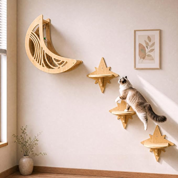 Moon & Star Cat Wall Shelves, Modern Cat Furniture Perch for Indoor Cats | Kitten Shelves with Decorative Cutouts, Space-Saving, Stable & Safe, Paintable, Pre-Drilled, Wood Cat Climbing System