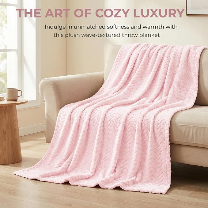 Exclusivo Mezcla Large Fleece Throw Blanket for Couch, Sofa, Light Pink | 50"x70" Soft Breathable Lightweight Flannel Throws for Summer, Plush Cozy Jacquard Wave Blanket for Home Decor