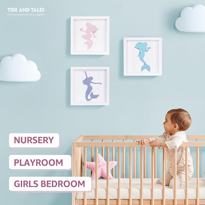 Tide and Tales Elegant 3D Mermaid Wall Decor, Framed Wooden Set of 3 Silhouettes in Pastel Colors, Mermaid Bathroom Decor, Ocean Room Decorations for Girls Bedroom, Ocean Wall Art