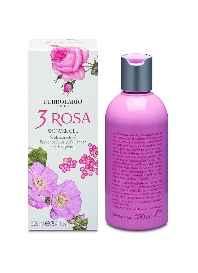 L'Erbolario 3 Rosa Shower Gel - Bath Foam With Seductive And Elegant Power - Preserves The Natural Moisture Of Skin Tissue - Perfectly In Tune With Feminine Allure - Ideal For Sensitive Skin - 8.4 Oz