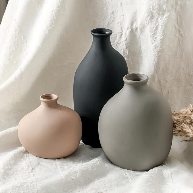 Ceramic Vase Set of 3, Small Modern Minimalist Pottery Vases for Home Decor | Set of 3 with unique shapes and matte finish, perfect for shelves, tables, dried flowers and pampas grass.