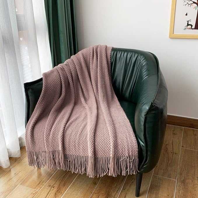 LOMAO Knitted Throw Blanket with Tassels Bubble Textured Lightweight Throws for Couch Cover Home Decor (Brownish Pink, 50x60)