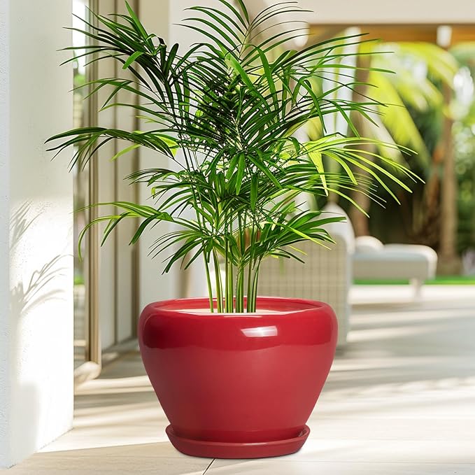 Ceramicfor 10 Inch Plant Pot - Ceramic Planter for Indoor Outdoor Plants, Glaze Modern Round Planter with Drainage Hole and Saucer, Gifts for Plant Lovers, Home Room Garden Decor, Red