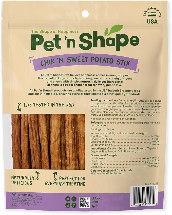 Pet 'n Shape Chik 'n Sweet Potato Stix – Made and Sourced in The USA- Natural Healthy Dog Treat, 14 Ounce | Premium chicken breast, Sweet potato recipe, Limited ingredients, Wheat and soy free, Training chews, For all life stages