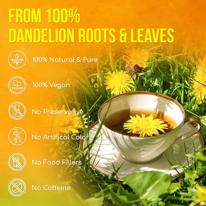 FreshDrinkUS, Premium 75 Dandelion Leaves and Roots Tea Bags, 100% Natural & Pure, Herbal Tea, Daily Infusion Botanical, No Sugar, No Caffeine, No Gluten, Vegan. Powerful Support.