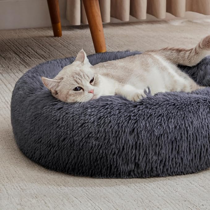 Western Home Calming Donut Cat Bed Small Dog Bed Washable,20" Navy Grey | Fluffy Faux Fur Round Cuddler,Anti-Anxiety,Anti-Slip Bottom,Self-Warming Pet Bed for Small Dog&Kitten&Puppy,Up to 12 LBS