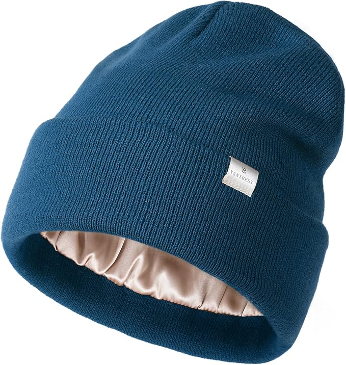 YANIBEST Satin Lined Beanie for Women Reduce Frizz Winter Hats for Women Men Silk Lining Soft Slouchy Warm Cuffed Less Static