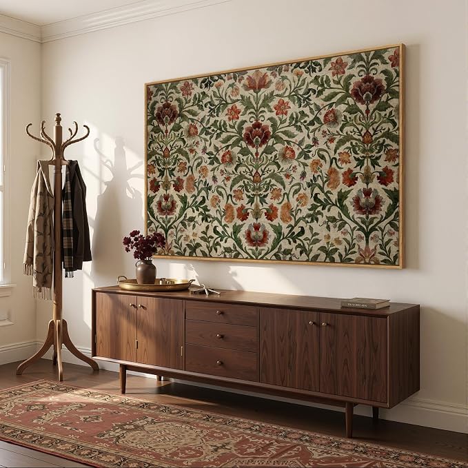 Extra Large Framed William Morris Style Wall Art for Living Room, Oversized Vintage Floral Canvas Prints Artwork for Walls, Horizontal Retro Rustic Painting Hallway Dining Room Wall Decor, 72x48 Inch