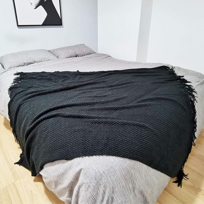 LOMAO Knitted Throw Blanket with Tassels Bubble Textured Lightweight Throws for Couch Cover Home Decor (Black, 60x80)