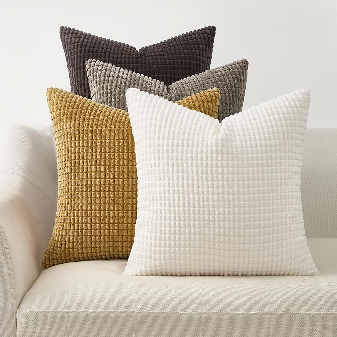 Topfinel Pack of 4 Gold Brown Throw Pillow Covers 18x18 Inch for Living Room Couch Bed, Boho Farmhouse Home Decor Cushion Cases,Soft Corduroy Accent Square Cushion Covers 45x45 cm(Yellow,Brown)