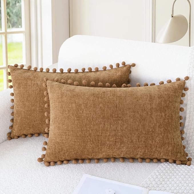 CaliTime Decorative Couch Throw Pillow Covers 20 X 12 Inches Apricot Brown | Pack of 2, Cozy Chenille Cushion Cases, with Pom Poms for Sofa Bed Living Room Farmhouse Home
