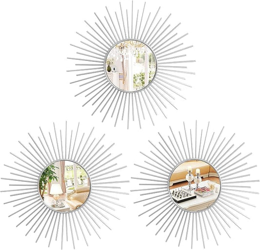 3 Pack Metal Mirrors for Wall Sunburst Wall Mirrors Home Décor Decorative Hanging Wall Art for Living Room Bedroom Entryway (Silver2, Sunburst)