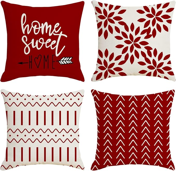 YCOLL Christmas Red Linen Pillow Covers 20x20 Set of 4, Home Sweet Home Farmhouse Throw Pillow Covers, Holiday Decorative Cushion Covers for Sofa Couch Bed, Winter Rustic Xmas Home Decor