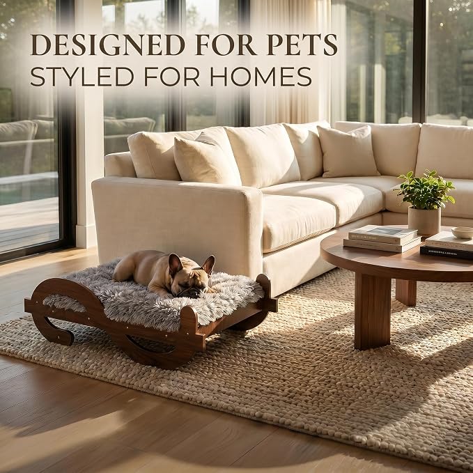 Wooden Elevated Dog Bed with Plush Mattress,M, Up to 60 lb | Raised Dog Bed Furniture with Walnut GrainPattern Frame, Designer Pet Sofa for Indoor Home Decor
