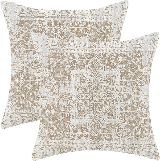 AEIOAE Boho Pillow Covers 16x16 Inch Set of 2,Carpet Pattern Throw Pillows Case,Brown Beige White Ethnic Design Outdoor Decorative Square Linen Farmhouse Decor Cushion Covers for Home Sofa Bed Couch