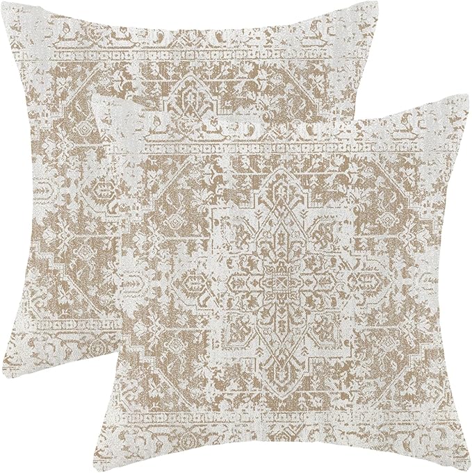 AEIOAE Boho Pillow Covers 20x20 Inch Set of 2,Carpet Pattern Throw Pillows Case,Brown Beige White Ethnic Design Outdoor Decorative Square Linen Farmhouse Decor Cushion Covers for Home Sofa Bed Couch