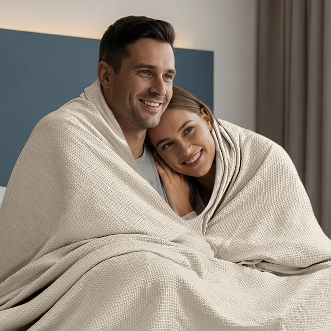 Utopia Bedding Cotton Blend Khaki Waffle Blanket Queen - 90x90 Inches | Lightweight, Skin Friendly, Breathable, All Season, Luxury, Bed, Couch, Sofa