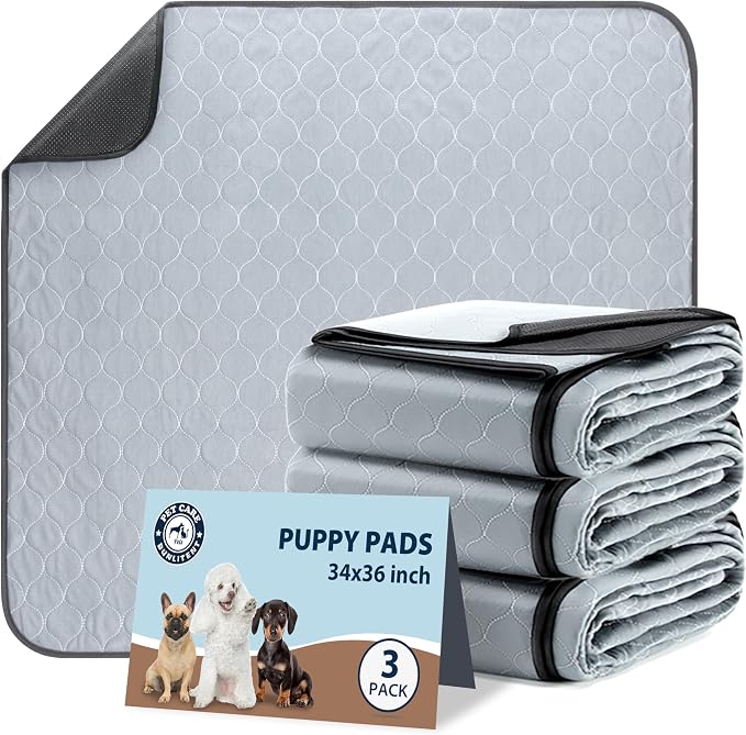 Washable Pee Pads for Dogs, Reusable Puppy Pads 34x36, 3 Pack, White Grey | Reusable, Fast Absorbent, Waterproof, Non-Slip, For Whelping, Training, Incontinence & Potty, For Dog Playpen, Crate, Car