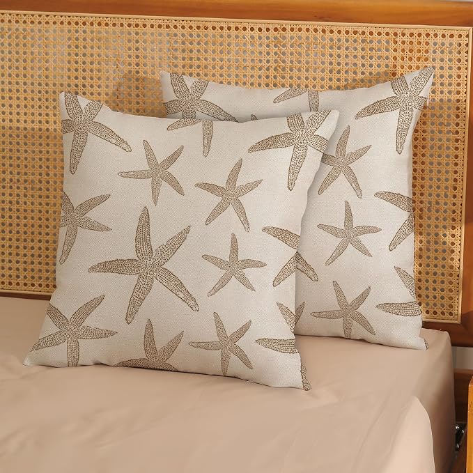 Brown Starfish Pillow Covers 20x20 Set of 2 Coastal Throw Pillows Spring Summer Nautical Ocean Theme Beach Decorative Pillow Cases Farmhouse Outdoor Decor Linen Cushion Case for Couch Sofa