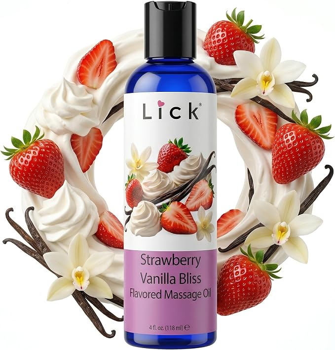 Lick Strawberry Vanilla Bliss Flavored Massage Oil – Sweet Tropical Edible Massage Oil with Vitamin E, Smooth Body-Safe Glide for Couples Massage & Sensory Date Nights, 4 oz