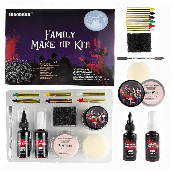 Halloween Makeup Kit-Scar Wax, 6-Color Bruise Crayons, 3-Types Fake Blood (Spray + Dripping + Coagulated Gel) + Spatula & Sponges – For Zombie/Vampire/Monster Cosplay