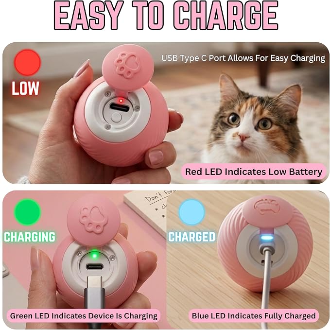 Interactive Cat Toy Ball - Automatic Interactive Cat Toys for Indoor Cats, Rechargeable Cat Enrichment Toys for Small/Medium/Large Cats to Keep Them Busy