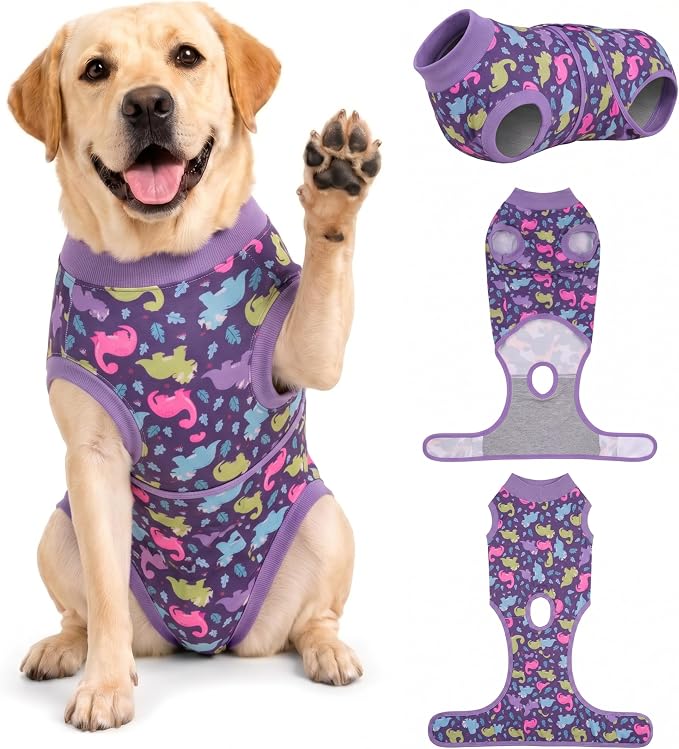 PetWarm Dog Surgery Suit, Surgical Recovery Suit for Dogs, Substitute E-Collar and Cone, Anti-Licking Pet Recovery Suit for Dogs, Dog Bodysuit, Dinosaur Pattern, Purple, L
