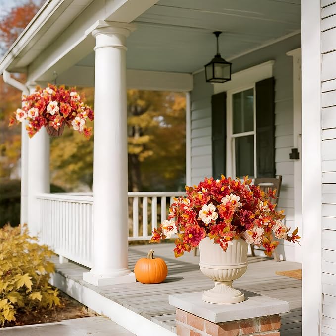 Artificial Fake Fall Hanging Flowers with Basket for Outdoors Decoration | 3PCS Faux Flowers for Outside Planters UV Resistant No Fade Silk Hibiscus for Home Porch Patio Garden Balcony Yard Decor