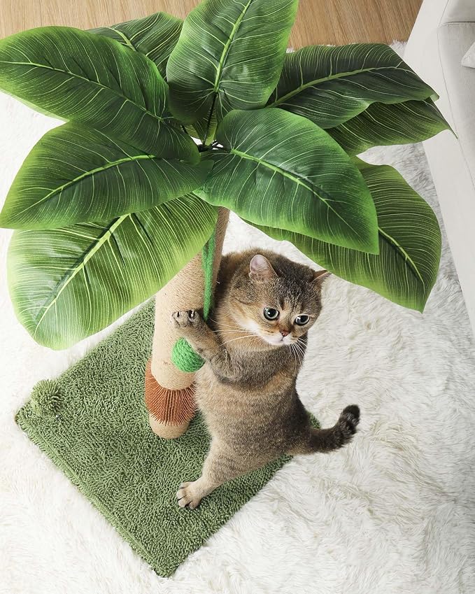 ANWA 35" Tall Simulated Cat Scratching Post with Self-Grooming Rubber Brush | Simulated Green Leaves, Natural Jute Cat Post, Scratch Post with Stable Base, Cat Furniture with Dangling Toys, Small Space