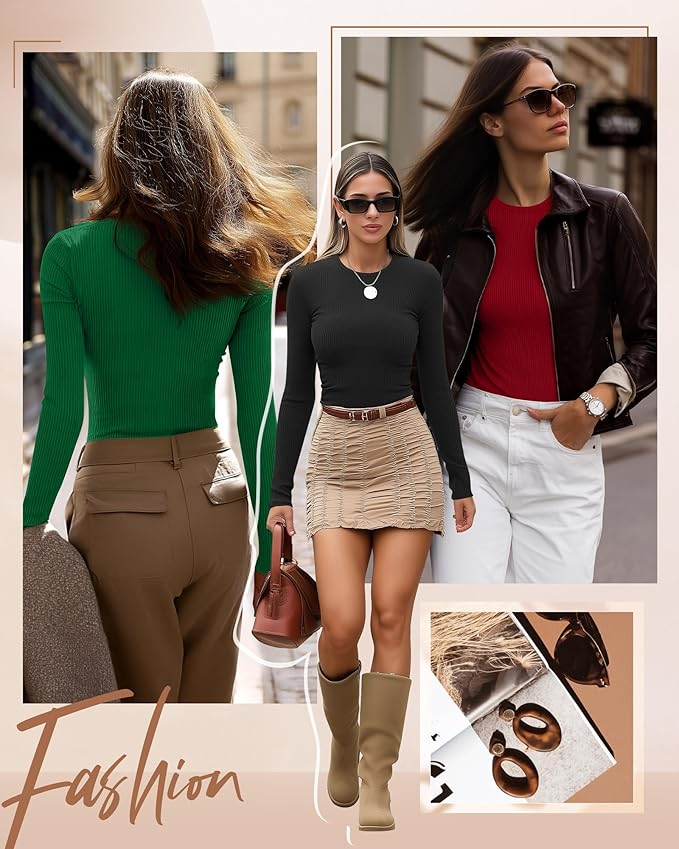 Ficerd 3 Pack Women's Ribbed Long Sleeve Tops, Crew Neck Slim Fit Undershirts Knit Basic Casual Stretch Layering Tee Shirts