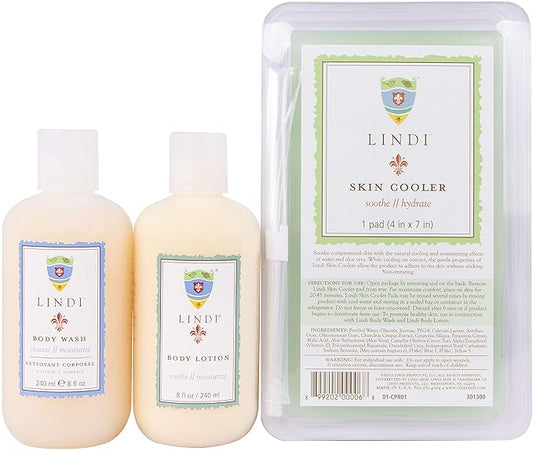 LINDI SKIN Soothing Body Treatment Trio - Includes Body Wash, Body Lotion, and Cooler Pad - Relieves Painful Effects of Radiation Burn - Dermatologist & Allergy Tested Skin Care Products