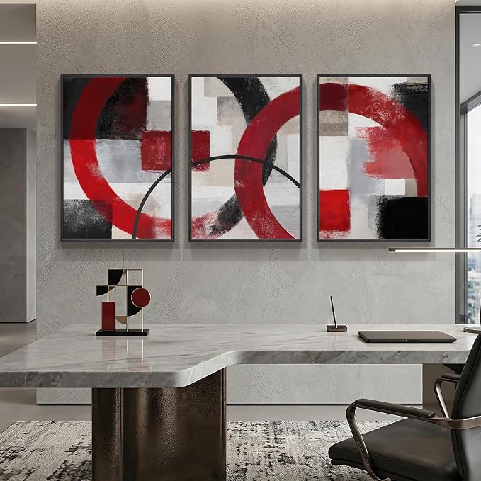 Large Framed Red Black White Abstract Wall Art for Living Room, Set of 3 Modern Canvas Prints Paintings Artwork for Walls, Red Black Geometric Pictures for Bedroom Hallway Office Wall Decor 24x36 In