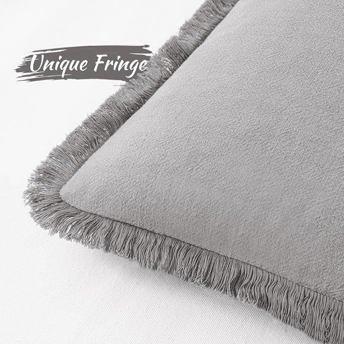 MIULEE Boho Linen Fringe Decorative Throw Pillow Covers Light Grey 20x20 | Set of 2, Cottagecore Decor, Boho Farmhouse Neutral Pillow Covers, Rustic Couch Cushion Cases for Sofa Bed Living Room