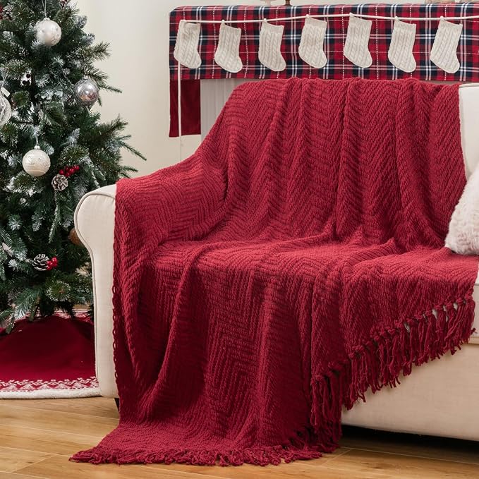 BATTILO HOME Red Throw Blanket for Couch, Knit Christmas Throw Blanket for Home Decor, Super Soft Cozy Warm Red Christmas Blanket for Winter, 50" x 60"