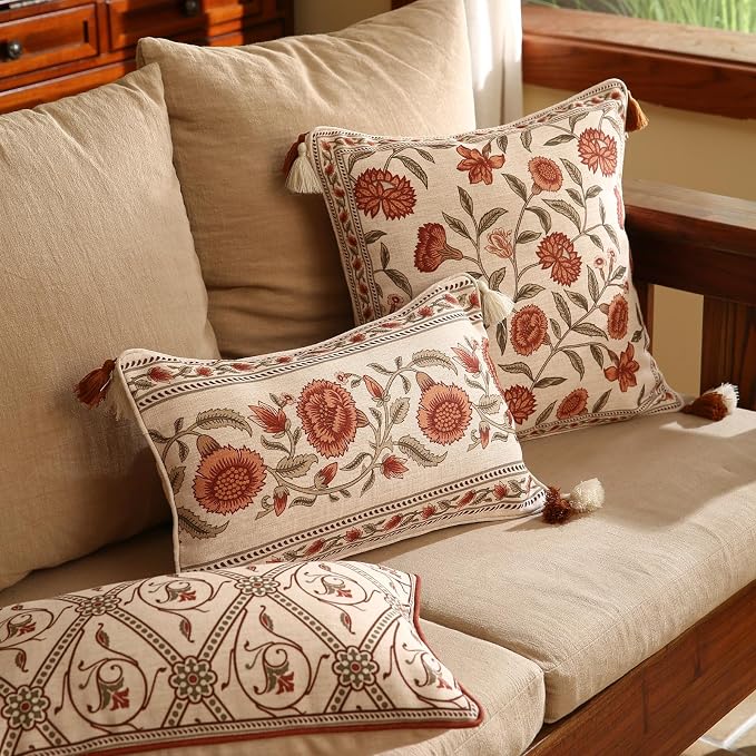 Designer Vintage French Linen Throw Pillow Cover,20"x12"-Albano C | Elegant Rectangle Pillow Cover,Concealed Zipper Design,Floral Pattern,Sofas,Bedroom,Living Room,Lounge Chairs,Decor