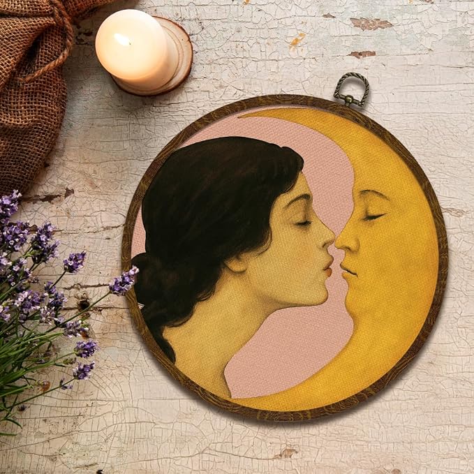 KLYTINK Retro Celestial Decor,Romantic Moon and Young Girl Round Wall Art,Vintage-Inspired Celestial Canvas Print, Surreal Moon and Woman Hanging Decor for Bedroom, Gallery Wall 10''x10''