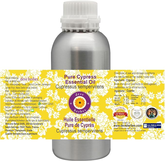 Deve Herbes Pure Cypress Essential Oil (Cupressus sempervirens) Steam Distilled 300ml (10 oz)