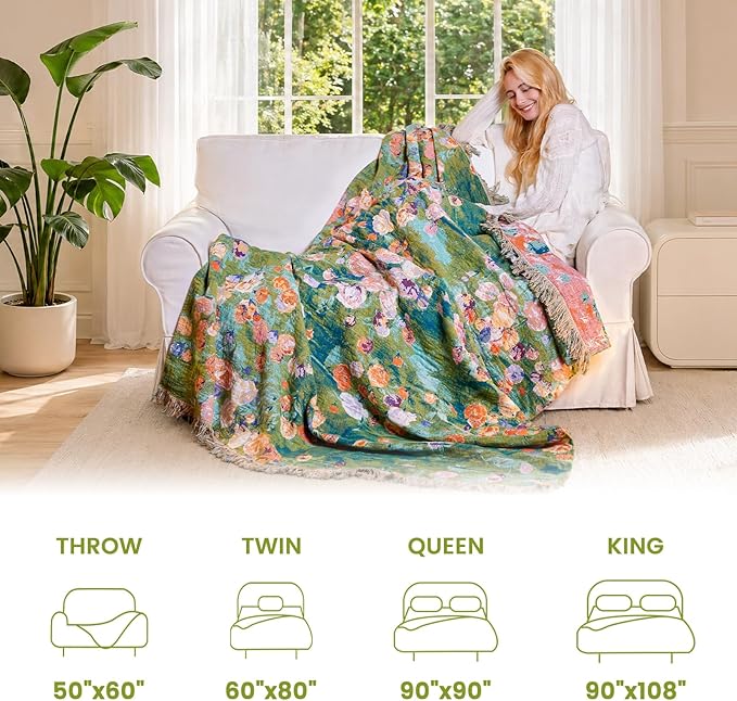 MSGKV Boho Throw Blanket 50"x60" Cotton Floral Muslin Blanket for Sofa | Cotton Floral Throw, Muslin Blanket, Summer Lightweight, Breathable Comfort, Farmhouse Decor, Couch Throw, Machine Washable
