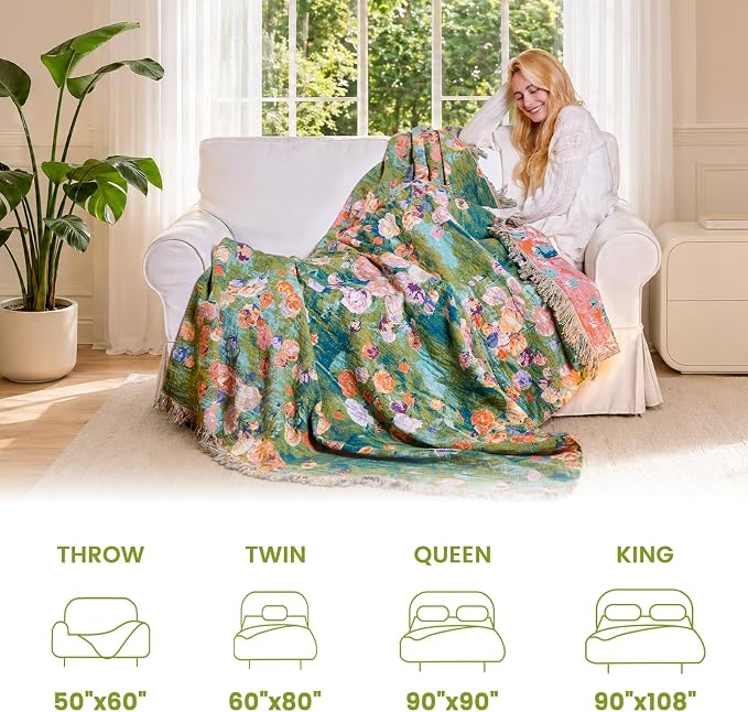 MSGKV Boho Throw Blanket 60"x80" Cotton Floral Twin Blanket for Bed & Couch | Twin Size Cotton Throw, Muslin Blanket, Summer Breathable, Lightweight Comfort, Farmhouse Decor, Machine Washable