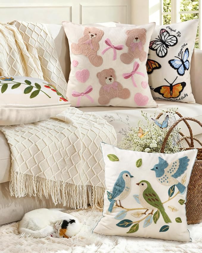 Animal Embroidered Throw Pillow Cover 18x18 Inch, Cute Bears | Decorative Pillow Cover, Farmhouse Cushion Cases with Hidden Zipper, Cottagecore Decor for Couch, Sofa, Living Room