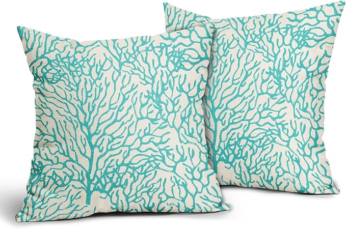 Nautical Coastal Coral Pillow Covers 22x22 Inch Set of 2 Summer Ocean Beach Teal Turquoise Decorative Pillow Cases Outdoor Linen Cushion Cover Farmhouse Decor for Bedroom Home Sofa Couch Bed