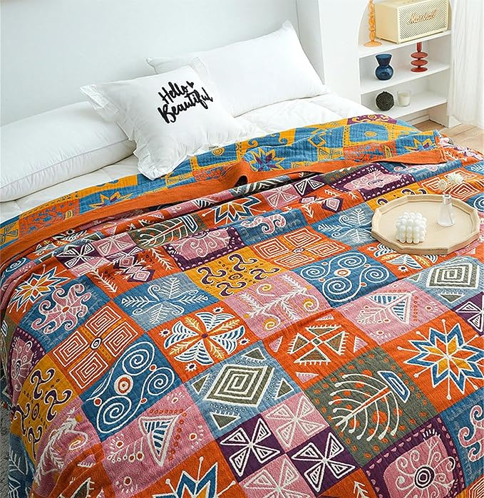 MSGKV Boho Throw Blanket 80"x90" 100% Cotton Checkered Throw for Bed Couch | 100% Cotton Throw, Checkered Pattern, Reversible Woven, Lightweight Comfort, Farmhouse Decor, All Seasons, Machine Washable