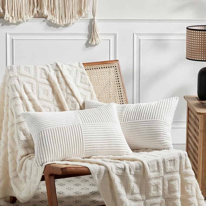 Fancy Homi Set of 1 Cream White Long Lumbar Decorative Throw Pillow Covers 16x24 Inch for Couch Bed Sofa, Rustic Farmhouse Boho Home Decor, Soft Striped Corduroy Rectangle Accent Cushion Case 40x60 cm