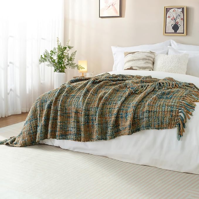 Multi-Color Cable Woven Throw Blanket for Couch - 50"X60" | Multicolored Boho Style,Super Soft Warm Cozy Chunky Blankets with Decorative Tassels for Bed and Sofa,Gold Green